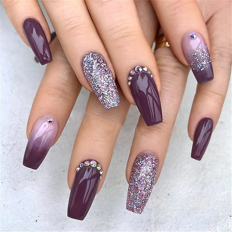 26+ Elegant Purple Glitter Coffin Nails Inspirations +Tips - Fashionre